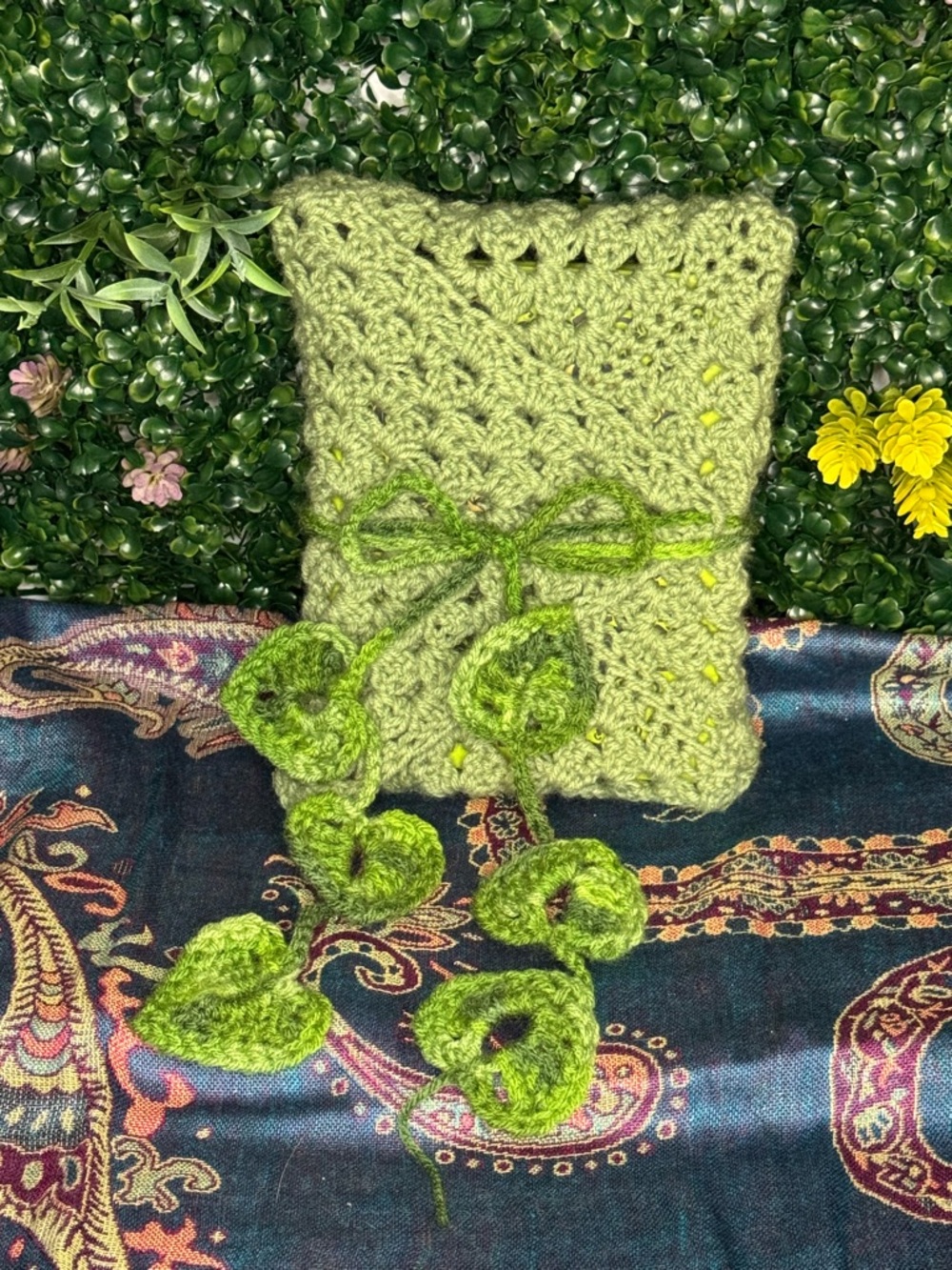 Handmade Green Crochet BookCover with Leaf Accent